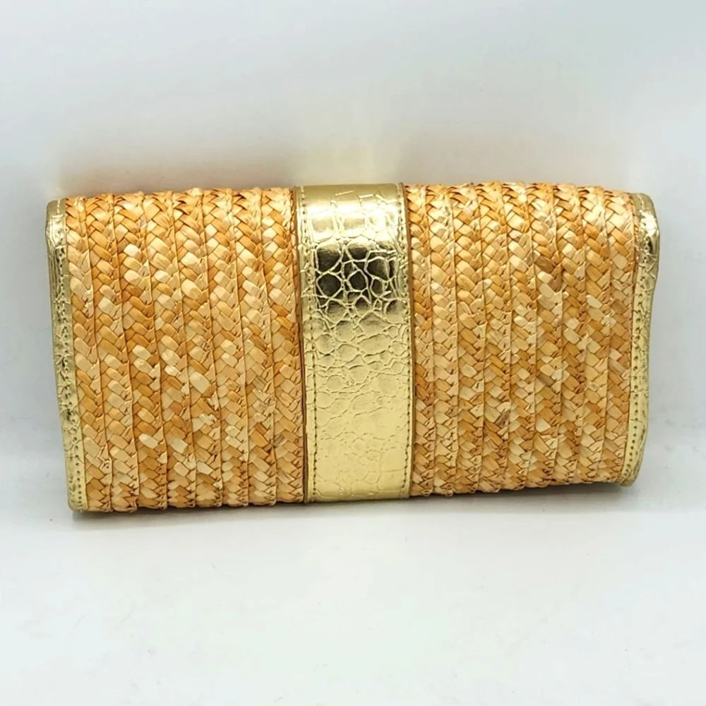 Big Buddha Straw Faux Leather Gold Crocs Trim Accents Fold Over Clutch